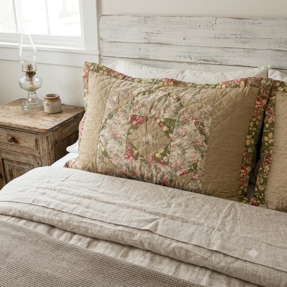 Patchwork Pillow Sham KING Quilted Floral Cottage Farmhouse Shabby Country 1pc